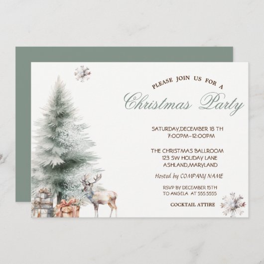 松の木のプレゼントトナカイのクリスマスパーティー 招待状 (正面/裏面)