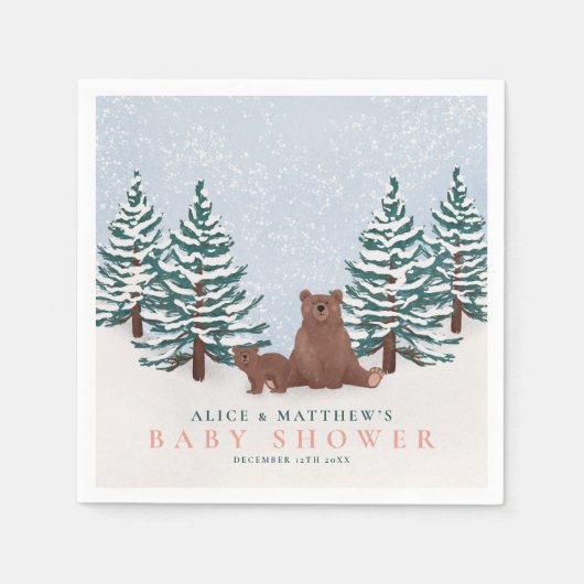 松の木のベビークマ冬の赤ちゃんシャワー スタンダードカクテルナプキン (正面)