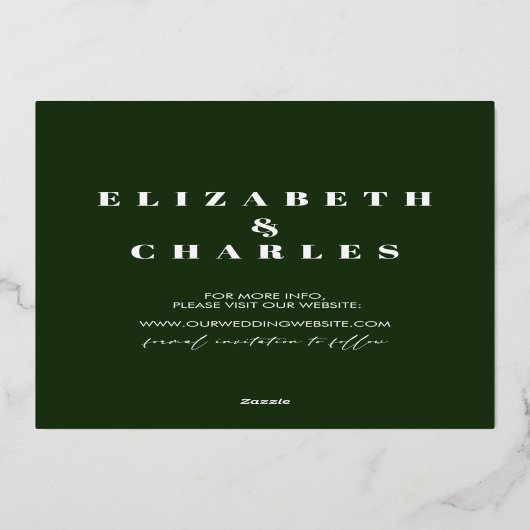 松の木のミニマルエレガントリストの日付を保存 箔招待状 (裏面)