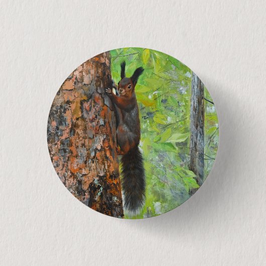 松の木のリス - リアリスティックな油絵 缶バッジ (正面)