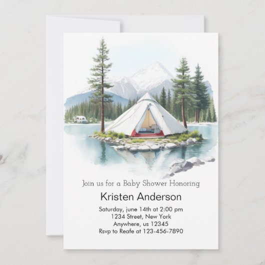 松の木の下で冒険が赤ん坊のシャワーを待つ 招待状 (正面)