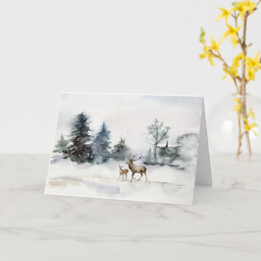 松の木の冬の風景の鹿クリスマスカード カード (黄色い花)