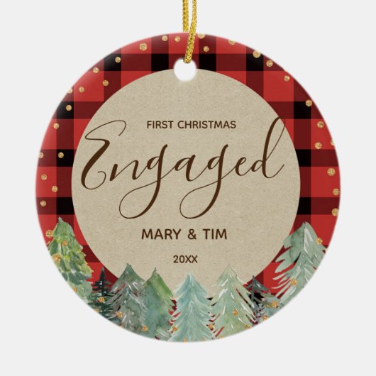 松の木の初めてのクリスマス婚約したオーナメント セラミックオーナメント (正面)