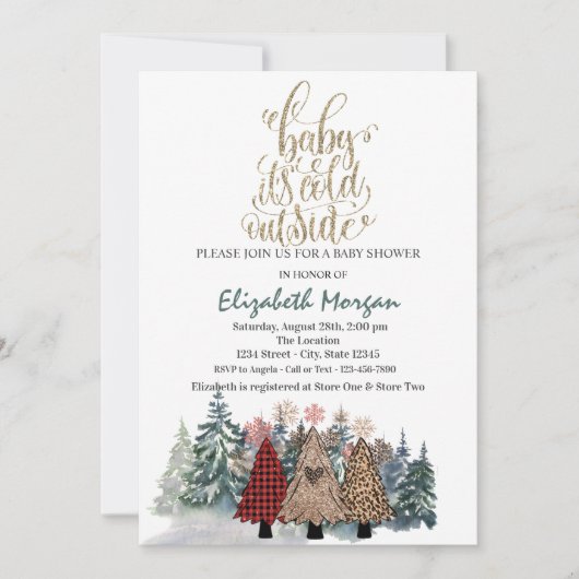 松の木の外は寒い赤ちゃんシャワー 招待状 (正面)