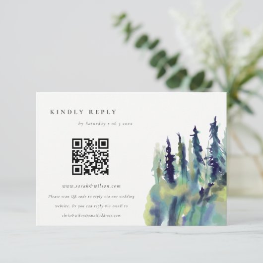 松の木の山の風景結婚のQRコードRSVP エンクロージャーカード (スタンド正面)