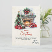 松の木の暖炉とプレゼントカスタムクリスマス シーズンカード (スタンド正面)