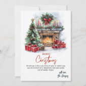 松の木の暖炉とプレゼントカスタムクリスマス シーズンカード (正面)