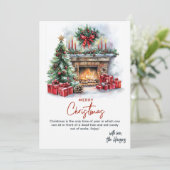 松の木の暖炉とプレゼントカスタムクリスマス シーズンカード (スタンド正面)