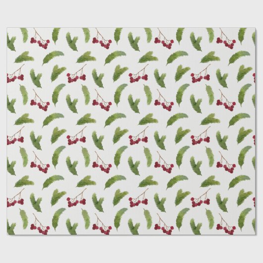 松の木の枝と赤い果実のクリスマス ラッピングペーパー (フラット)