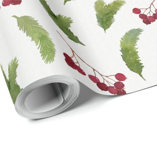 松の木の枝と赤い果実のクリスマス ラッピングペーパー (ロールコーナー)
