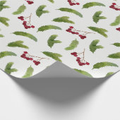 松の木の枝と赤い果実のクリスマス ラッピングペーパー (角)