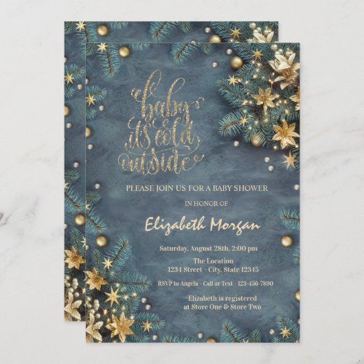 松の木の枝の外が寒い赤ちゃんシャワー 招待状 (正面/裏面)