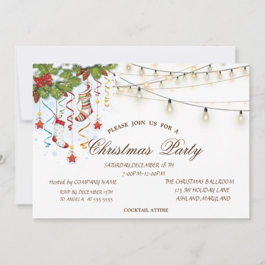 松の木の枝の木、ストリングライトクリスマス 招待状 (正面)