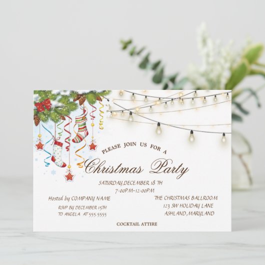 松の木の枝の木、ストリングライトクリスマス 招待状 (スタンド正面)