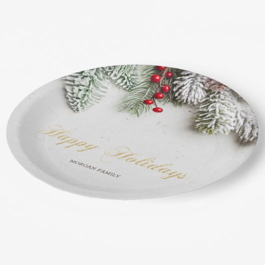 松の木の枝の雪のクリスマス ペーパープレート (アングル)