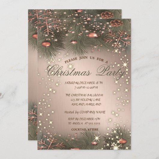 松の木の枝,ボール,バラ金ゴールドクリスマスパーティー 招待状 (正面/裏面)