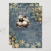 松の木の枝,ボール,雪の花クリスマス会社 招待状 (正面/裏面)