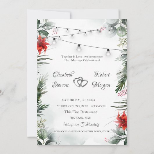 松の木の枝,ポインセチア結婚ズ 招待状 (正面)