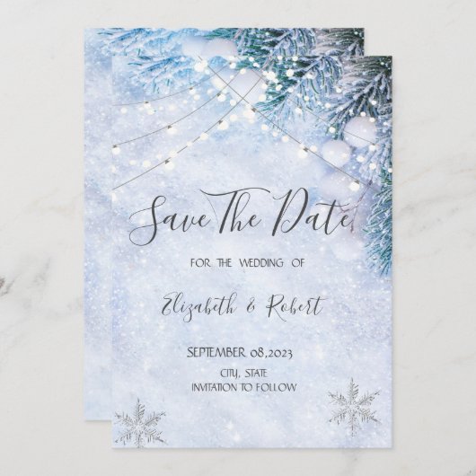 松の木の枝、雪の文字列のライト日付を保存 セーブザデート (正面/裏面)