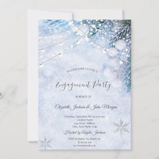 松の木の枝、雪の文字列ライト婚約 招待状 (正面)