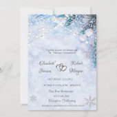 松の木の枝、雪の文字列ライト結婚ズ 招待状 (正面)