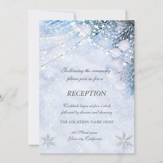 松の木の枝、雪の文字列ライト結婚ズ 招待状 (正面)