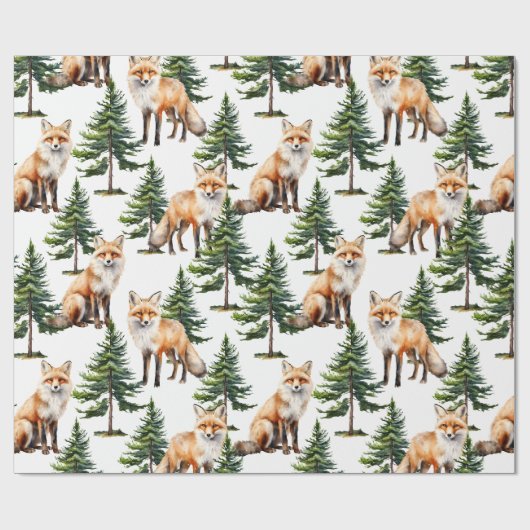 松の木の森の冬の森の赤いキツネ ラッピングペーパー (フラット)