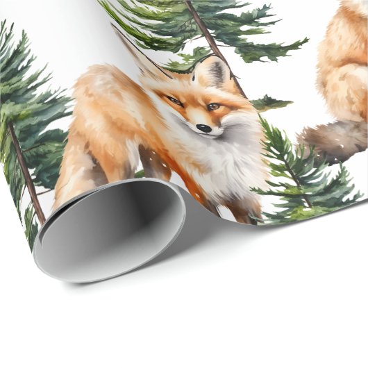 松の木の森の冬の森の赤いキツネ ラッピングペーパー (ロールコーナー)