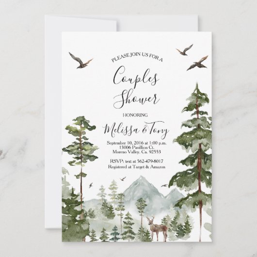松の木の森の山のカップルのシャワー 招待状 (正面)