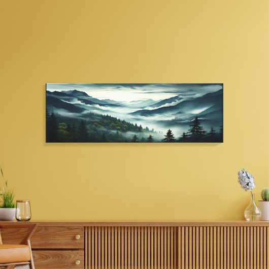 松の木の森の山の霧に覆われた キャンバスプリント (インサイチュ (リビング))