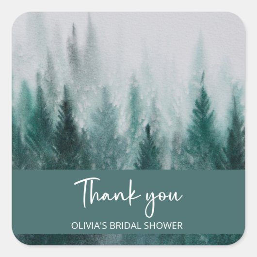 松の木の森の水彩グリーン ブライダルシャワー スクエアシール (正面)
