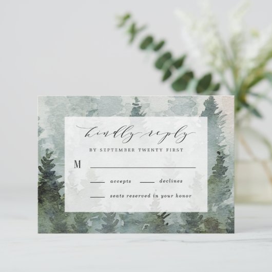 松の木の森の牧歌的な水彩画をテーマにしたウェディング 出欠カード (スタンド正面)
