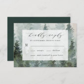 松の木の森の牧歌的な水彩画をテーマにしたウェディング 出欠カード (正面/裏面)