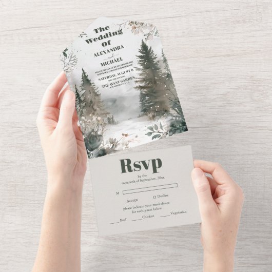 松の木の森の素朴水の色をテーマ結婚にした オールインワン招待状 (貼ってはがせる)