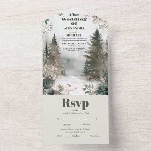 松の木の森の素朴水の色をテーマ結婚にした オールインワン招待状 (内側)