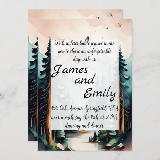 松の木の森の素朴水の色をテーマ結婚にした シーズンカード (正面/裏面)