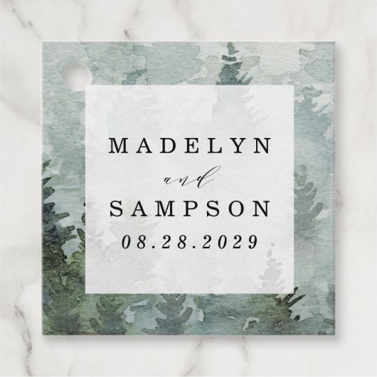 松の木の森の素朴水の色をテーマ結婚にした フェイバータグ (正面)