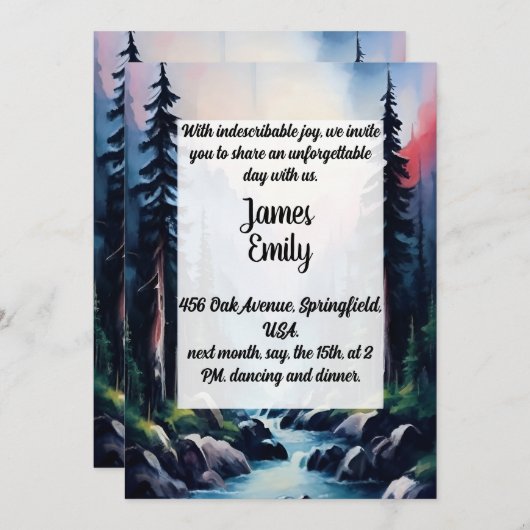 松の木の森の素朴水の色をテーマ結婚にした 招待状 (正面/裏面)
