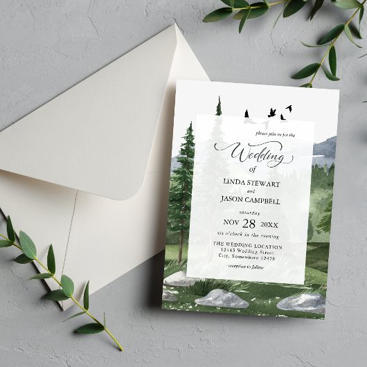 松の木の森の素朴水の色をテーマ結婚にした 招待状