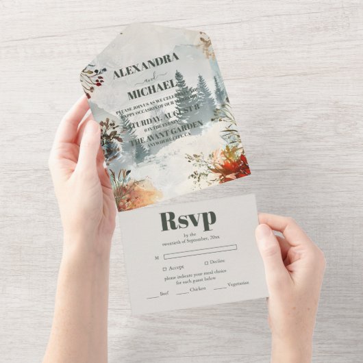 松の木の森を素朴テーマ結婚にした オールインワン招待状 (貼ってはがせる)