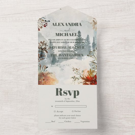 松の木の森を素朴テーマ結婚にした オールインワン招待状 (内側)