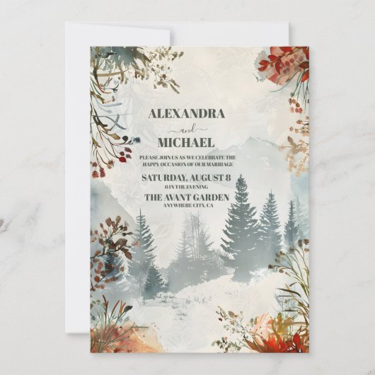 松の木の森を素朴テーマ結婚にした 招待状 (正面)