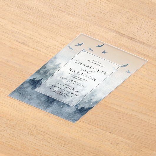 松の木の森素朴の水の色結婚の アクリル招待状 (レイダウン)