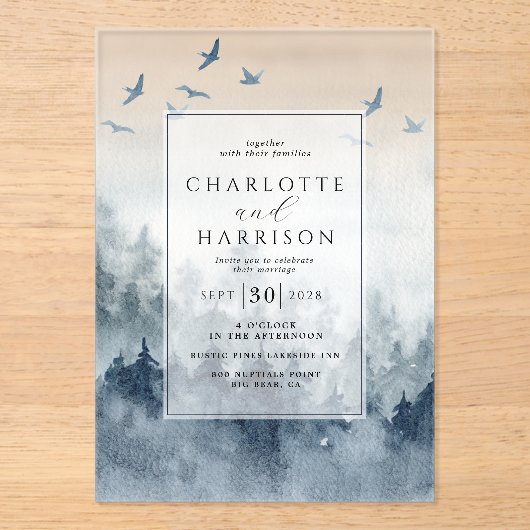 松の木の森素朴の水の色結婚の アクリル招待状 (正面)
