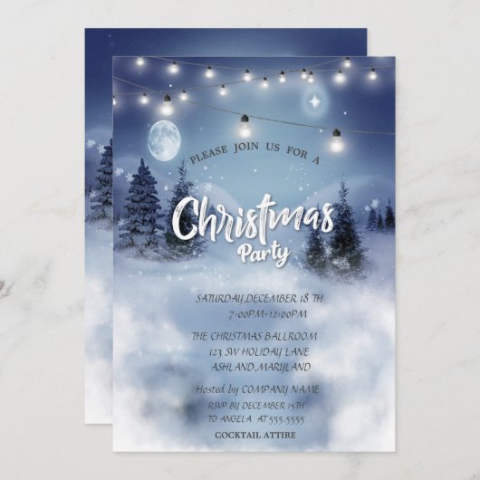 松の木の森、風景、ライトクリスマスパーティー 招待状 (正面/裏面)