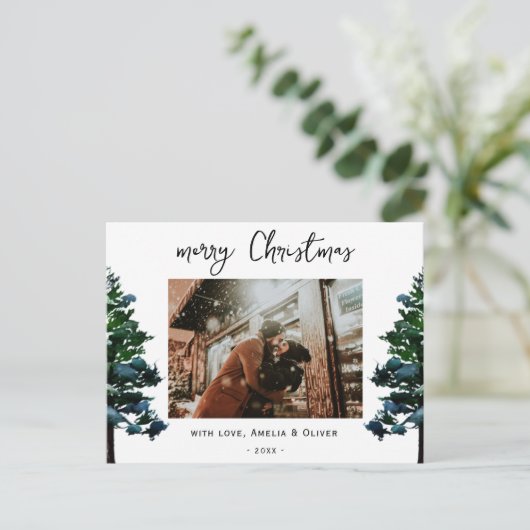 松の木の水の色メリークリスマススクリプト写真 シーズンポストカード (スタンド正面)