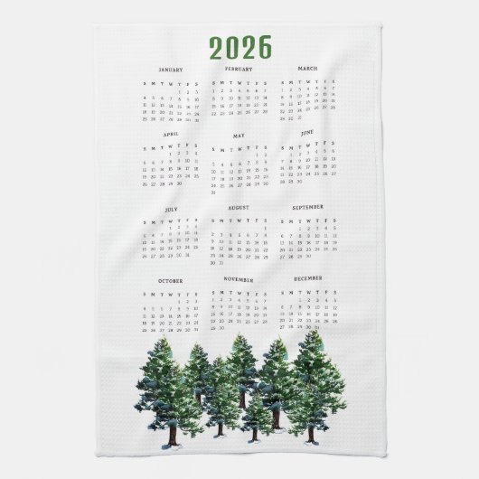 松の木の水彩画カレンダー2026 キッチンタオル (縦)