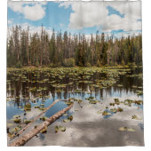 松の木の湖反射//自然光 シャワーカーテン (正面)