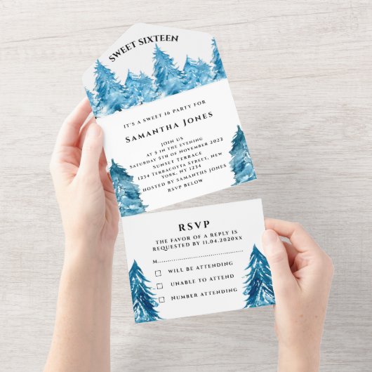 松の木の甘い16青かわいらしすべてガーリーの1つ オールインワン招待状 (貼ってはがせる)