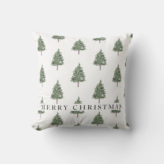 松の木の緑および白いメリークリスマス クッション (正面)